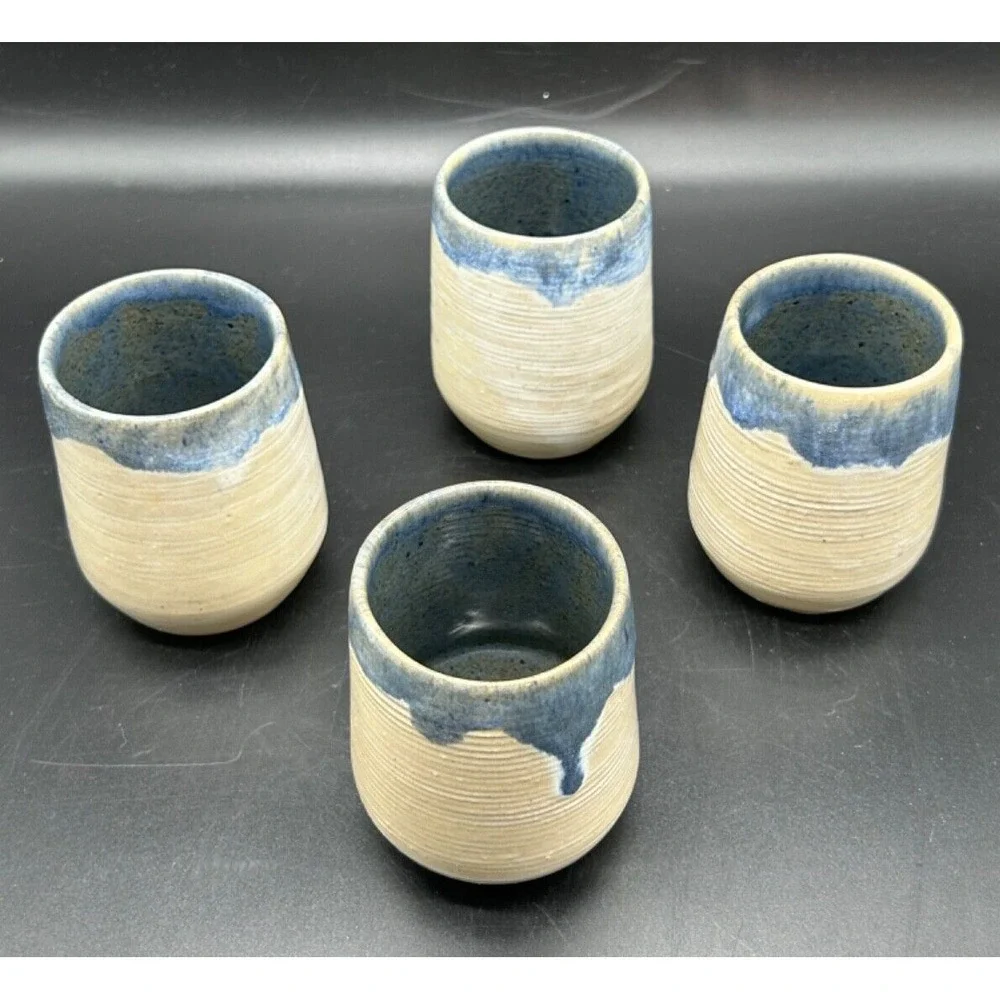 Signed Eugene Deutch Studio Art Pottery 4 Cups Vase Cream & Blue Glaze Drip MCM